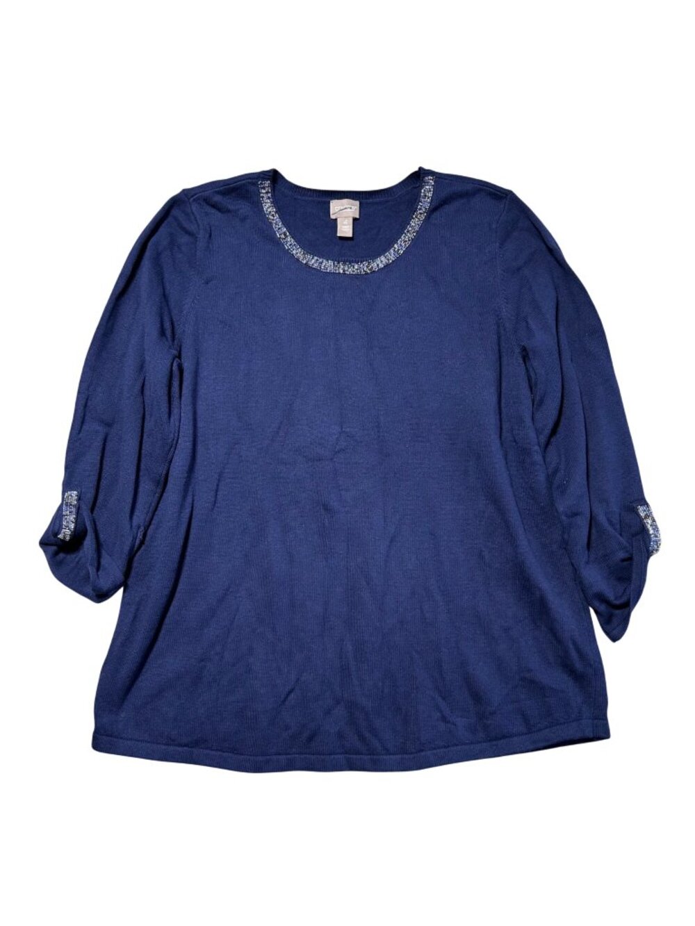 Chicos Women's Sz XXL Beaded Neck Long Sleeve Top Navy Blue Cotton Blend